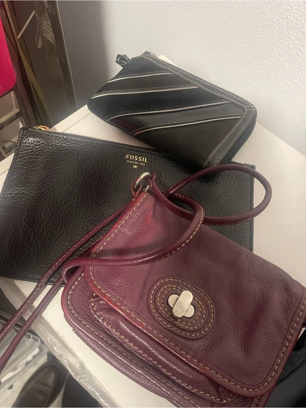 Fossil Burgundy Leather Crossbody with Black Leather Wristlet and Card Case